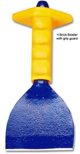 Picture of GROZ Brick Bolster with 3" blade width and 230mm length powder coated blue. Fitted with yellow guard