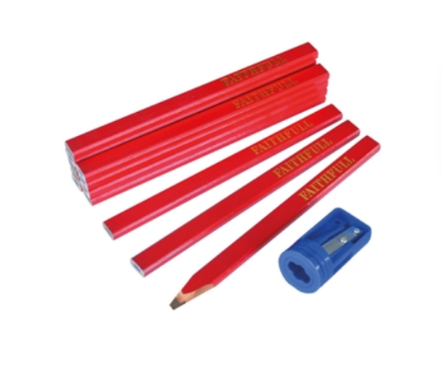 Picture of FAITHFULL 12pc RED CARPENTERS PENCILS WITH SHARPENER IN TUB