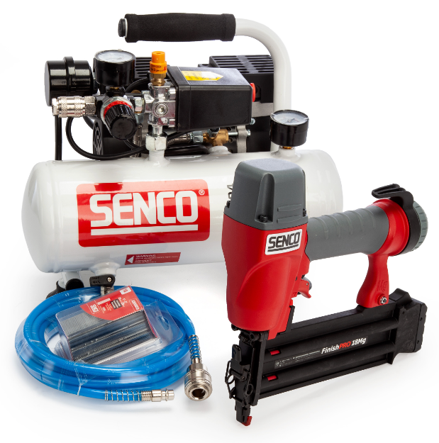 Picture of Senco AC4504 Low Noise Electric Compressor with Finish Pro 18Mg Brad Nailer Kit 230V 0.37hp Electrical Motor 28Ltr/min Free Air Delivery Max. Pressure: 8bar Oil-Free Lubrication 1 Air Coupling Tank Pressure Gauge Brushless Motor