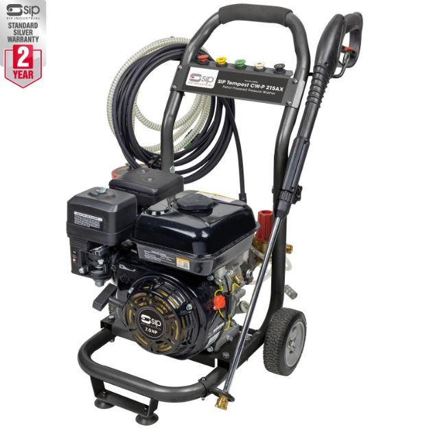 Picture of SIP 08985 SIP TEMPEST CW-P 215AX PETROL PRESSURE WASHER, Variable 3135psi (216bar) high pressure water jet, 2mtr water suction; supplied with hose and filter strainer