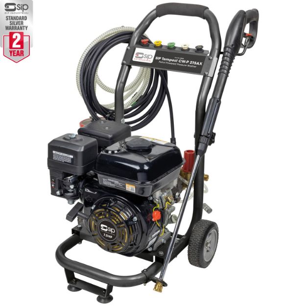 Picture of SIP 08985 SIP TEMPEST CW-P 215AX PETROL PRESSURE WASHER, Variable 3135psi (216bar) high pressure water jet, 2mtr water suction; supplied with hose and filter strainer 