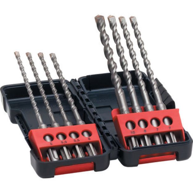 Picture of Bosch 8pc SDS Masonry Drill Bit Set 5.0mm-10.0mm x160mm Long c/w Sturdy Plastic Case. Carbide Tipped drill bit & 4 fold Spiral Flute for Rapid Drilling 2607019904