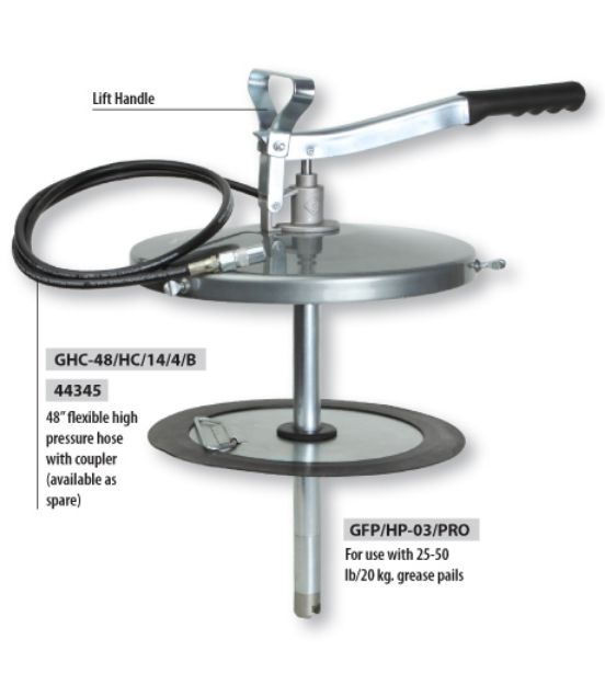 Picture of Groz High Pressure Grease pump with heavy duty 12" drum cover in metallic grey finish. With 255-282 mm rubber follower plate 48"