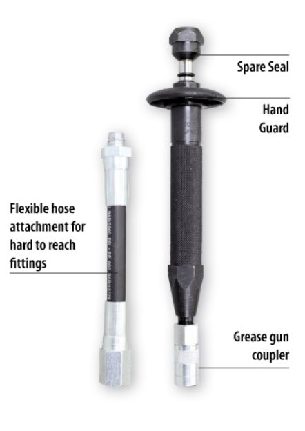 Picture of GROZ Grease Fitting Unblocker with guard, complete with high pressure hose & coupler