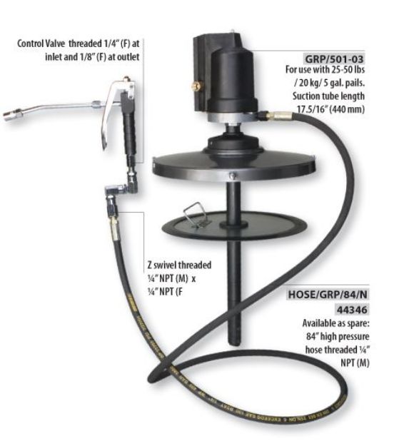 Picture of Groz Air Operated Grease Ratio Pump 50:1  for 120 lb / 50 kg/ 16 gal. Pails . Complete with Drum cover , follower plate , high p