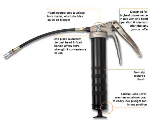 Picture of GROZ Premium Pistol grease gun (Macnaught) for 400gm cartridge. Complete with 9" high pressure hose & professional 4 jaw.