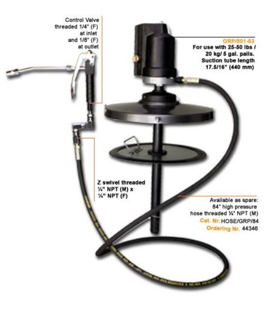 Picture of GROZ Air Operated Grease Ratio Pump 50:1 for 25-50lb/20kg/5gals. Pails. Complete with Drum Cover, follower plate, high pressure