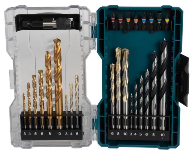 Picture of Makita E-07032 27pc Bit Set In Clear Case Contains: x6 HSS Bits, x6 Masonry Drill bits & x6 Wood Drill Bits(3,4,5,6,8,10mm) x8 25mm Screw Bits (PH1,PH2,SL5,SL6,PZ2,PZ3,H6,T20) x1 Bit Holder 60mm long
