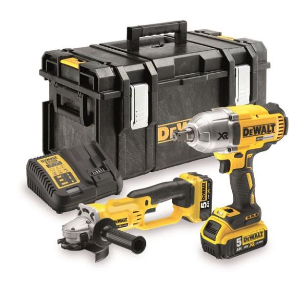 Picture of DEWALT DCK269P2 2pc 18 XR COMBO KIT INCLUDES DCF899 1/2 inch IMPACT WRENCH AND DCG412 ANGLE GRINDER c/w DS300 box DCB115 charger 2 x DCB184 5.0ah Li-ion batteries