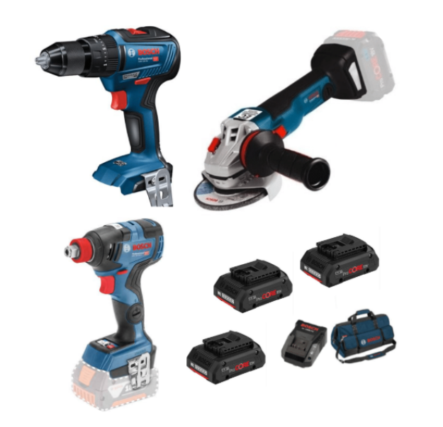 Picture of Bosch 3pc 18v Brushless Combo Kit Includes GSB18V55 2 Speed Combi Drill GDX18V200 Impact Wrench/Driver & GWS18V-10C Angle Grinder C/W 3 x 4.0Ah Procore Li-ion Batteries & Charger In Kitbag