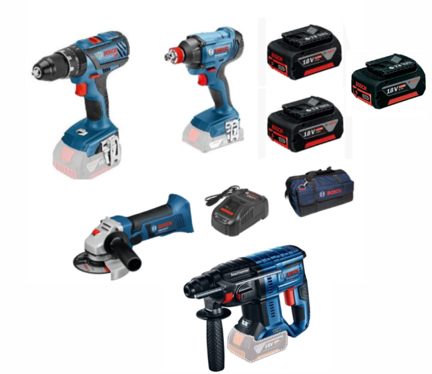 Picture of Bosch 4pc 18V Brushless Combo Kit Includes GSB18V55 2 Speed Combi Drill GDR18V200 Impact Driver GWS18V10 Angle Grinder GBH18V21 SDS Drill C/W 3 x 4.0Ah Li-ion Batteries & Charger In Kitbag