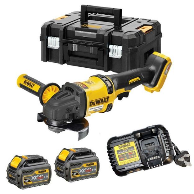 Picture of Dewalt DCG418T2 54V XR Flexvolt 5'' 125mm High Power Brushless Angle Grinder 2300w 9000rpm 2.2kg C/W 2 x 6.0Ah Li-ion Batteries & Charger In T-stak Box