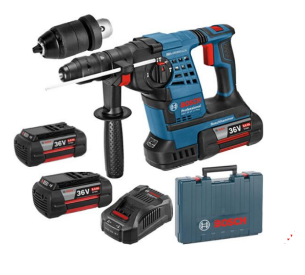Picture of Bosch GBH36VF-LI Plus 36V 28mm SDS Plus Hammer Drill With Interchangeable Chuck 600w 0-940rpm 0-4200bpm 3.2 Joules C/W 3 x 4.0Ah Li-ion Batteries & Charger In Case