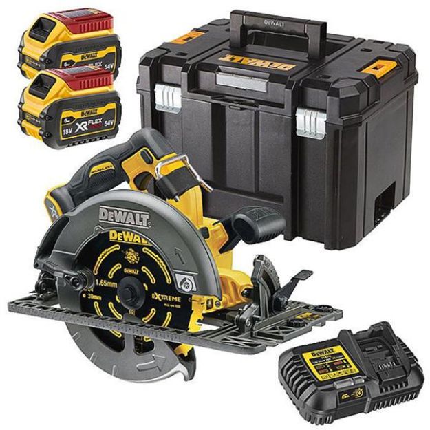 Picture of Dewalt DCS579T2 54V XR Flexvolt High Power Rail Compatible Circular Saw 5800rpm 61mm Cutting Depth 190x30mm Blade 3.7kg C/W 2 x 6.0Ah Li-ion Batteries & Charger In T-stak Box