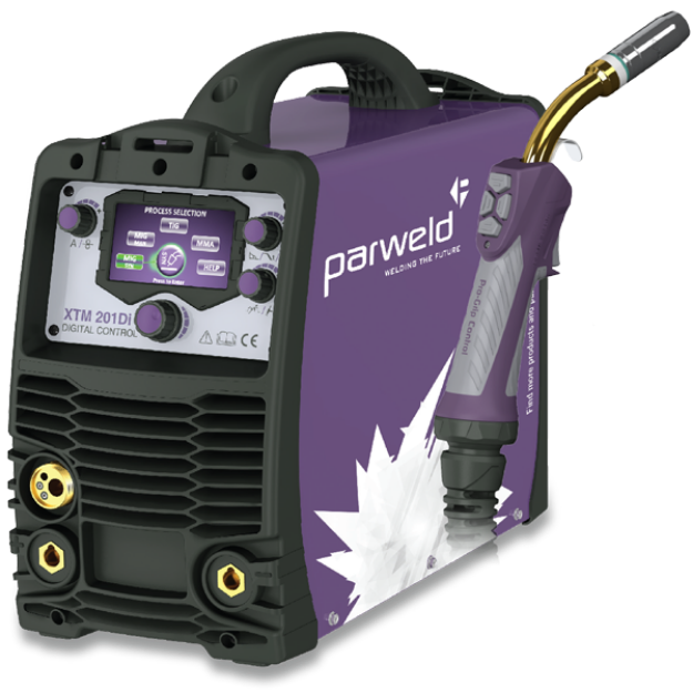 Picture of PARWELD XTM201DI-P1 200AMP DUAL VOLTAGE MULTI-PROCESS DIGITAL MIG INVERTER C/W DIGI TORCH,REG & COIL OF WIRE IN A PACKAGE