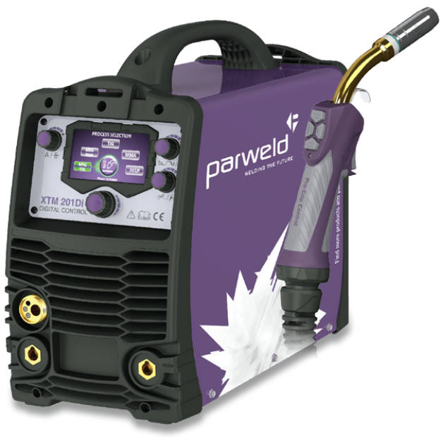 Picture of PARWELD XTM201DI-P1 200AMP DUAL VOLTAGE MULTI-PROCESS DIGITAL MIG INVERTER C/W DIGI TORCH,REG & COIL OF WIRE IN A PACKAGE 
