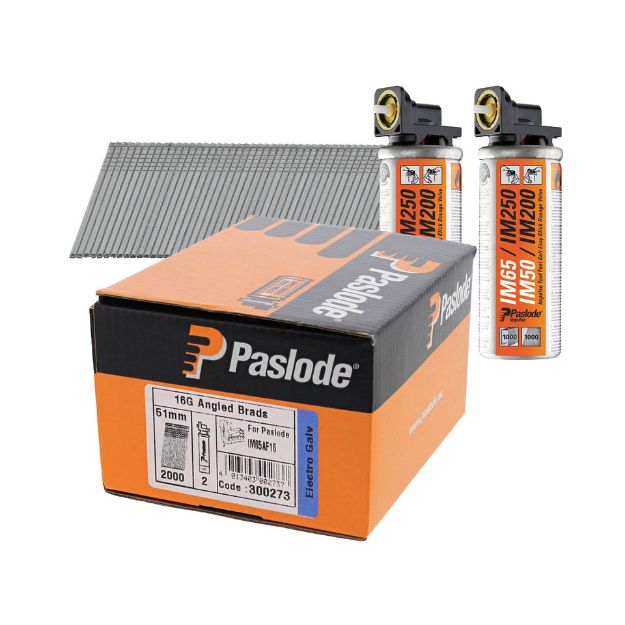 Picture of Paslode 51mm F16 Electo Galvanised Angled Brad Fuel Pack Box 2 Fuel Cells & 2000 Brads