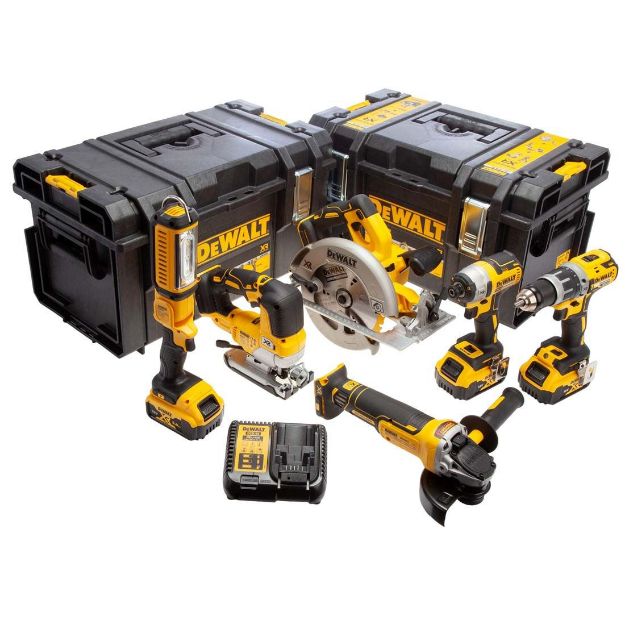 Picture of DeWalt DCK663P3-GB Brushless Powertool Kit | 3 x 5.0Ah 18V XR Li-ion Batteries DCD796 Combi Drill | DCF887 Impact Driver | DCS570 Circular Saw | DCG405 Grinder | DCS334 Jigsaw | DCL050 Light