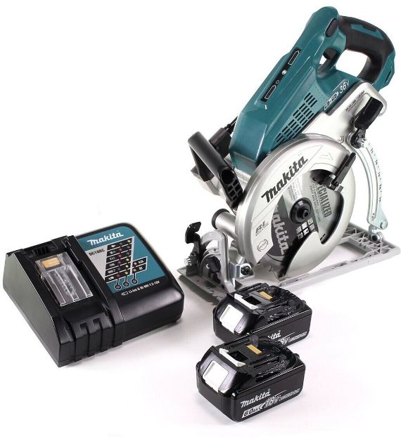 Picture of Makita DRS780 Twin 18v/36v Brushless Rear Handle Circular Saw 1700w 5100rpm 65mm Cutting Depth 165x16/30mm Blade 5.6kg C/W x2 6.0Ah Batteries & Charger In Carry Bag