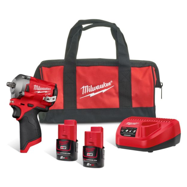 Picture of Milwaukee M12FIW38-202B M12 3/8″ 4 Speed Stubby Impact Wrench 339nm Max Bolt M16 1.1kg C/W 2 x 2.0Ah Li-ion Batteries & Charger in Kit Bag