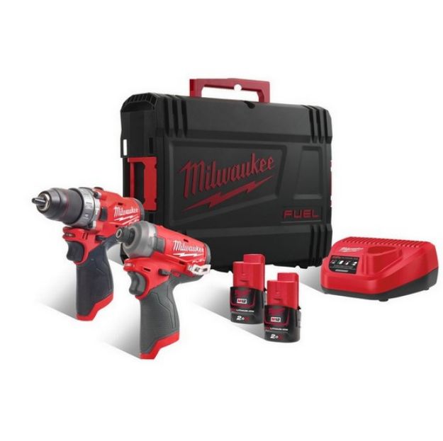 Picture of Milwaukee M12FPP2AQ-202X 2pc M12 Combo Kit Includes M12FPD Brushless Powerstate Combi Drill, M12FQID Surge Impact Driver C/W 2 x 2.0Ah Li-ion Batteries & Charger In Box