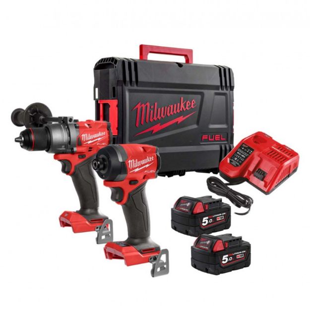 Picture of Milwaukee M18FPP2A3-502X 2pc M18 Gen 4 Fuel Combo Kit Includes M18BPD3 2 Speed Combi Drill & M18FID3 C/W 2 x 5.0Ah Li-ion Batteries & Charger In Box  