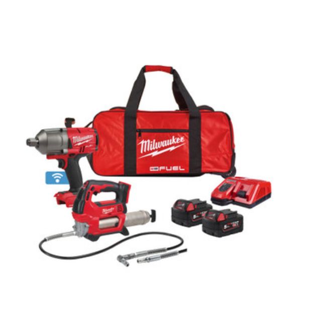 Picture of Milwaukee M18FPP2AI-502B+M18GG 2pc M18 Combo Kit Includes FHIWF12 1356nm 1/2" High Torque Impact Wrench & Grease Gun 400ml C/W 2 x 5.0Ah Li-ion Batteries & Charger In Box