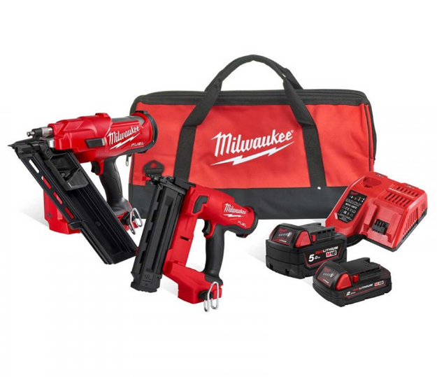 Picture of Milwaukee M18FPP2AR-522B M18 2pc Combo Nailer Kit Includes M18FFN 34° Framing Nailer 50-90mm 5.1kg & M18FN18GS 18g Narrow Crown Stapler 16-54mm 3.1kg C/W 1 x 5.0Ah & 1 x 2.0Ah Batteries & Charger In Kit Bag 
