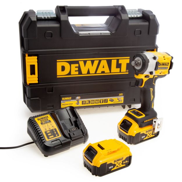 Picture of Dewalt DCF922P2T 18V XR Brushless 1/2 Compact Impact Wrench (406Nm) (Scaffolders Pin Version) C/W x 2 5.0Ah Batteries & Charger in T-Stak Box