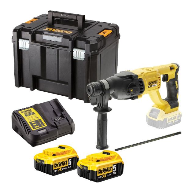 Picture of Dewalt DCH133P2 18V XR Brushless D-Handle 26mm SDS Hammer Drill 0-1500rpm 0-5500bpm 2.6joules 2.2kg C/W x2 5.0Ah Batteries & Charger in Box