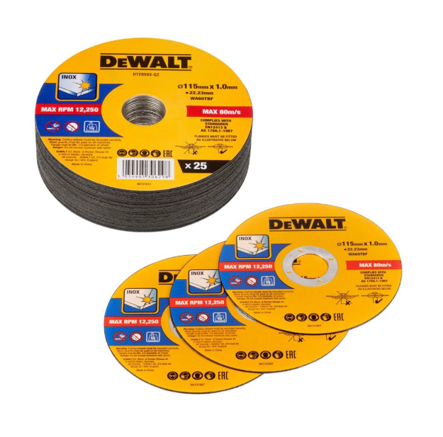Picture of Dewalt DT20593-QZ High Performance 115mmx22.23mm Bonded Thin Metal Cutting Disc 25pc