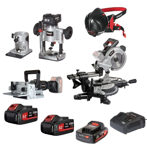 Picture of Trend DEAL/T18S/G - CORDLESS MITRE SAW, BISCUIT JOINTER & ROUTER DEAL C/W x1 2.0Ah, x2 5.0Ah & Fast Charger & Stealth Mask