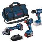 Picture of Bosch 3pc 18v Brushless Combo Kit Includes GSB18V-45 2 Speed Combi Drill GDX18V-200 Impact Driver GWS18V-7 Angle Grinder C/W 2 x 5.0Ah Li-ion Batteries & Charger In Kitbag 0615990N35 