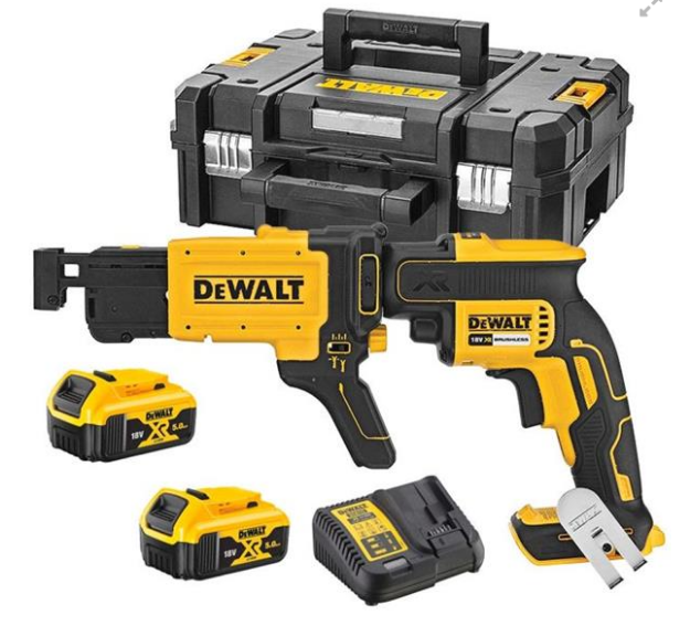 Picture of Dewalt DCF620P2K 18V XR Brushless Collated Drywall Screwdriver 5-30nm 435w 0-4400rpm 1/4inch Hex Holder 1.8kg C/W DCF6201 Collated Screw Magazine 2 x 5.0Ah Li-ion Batteries &  Charger In T-stak Box 