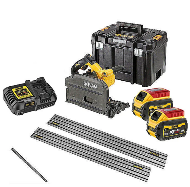 Picture of Dewalt DCS520T2 54V XR Flexvolt 55mm Plunge Saw 2500-4200rpm 4.7kg Includes 2 x DWS5022 1.5mtr Guide Rails & DE6292 Joining Bar C/W 2 x 6.0Ah Flexvolt Li-ion Batteries & Fast Charger In T-stak Box