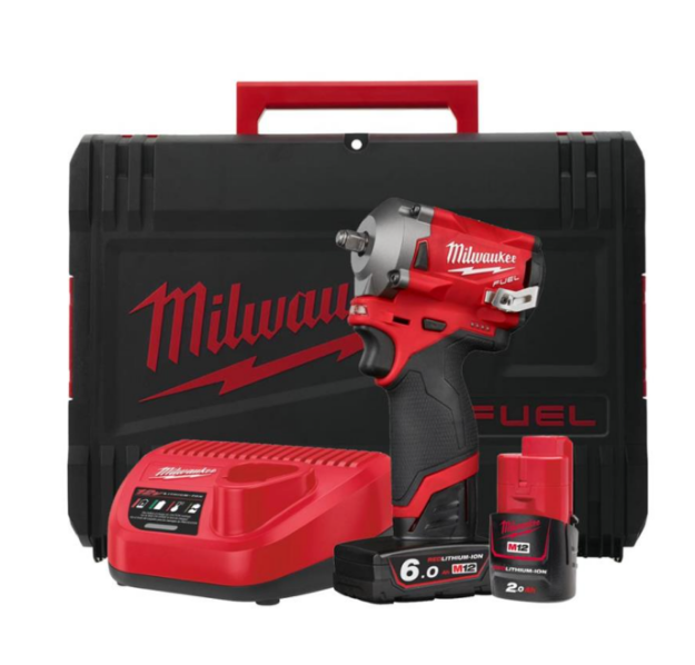 Picture of Milwaukee M12FIW38-622X M12 3/8″ 4 Speed Stubby Impact Wrench 339nm Max Bolt M16 1.1kg C/W 1 x 2.0Ah & 1 x 6.0Ah Li-ion Batteries & Charger in Kit Bag