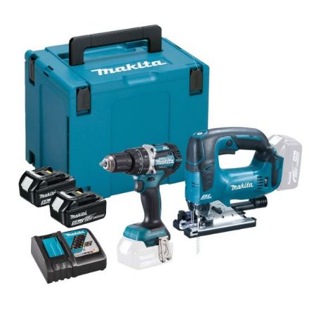 Makita DLX2202TJ1 2pc 18v Brushless Combo Kit Includes DHP484 2 Speed Combi Drill & DJV182 Jigsaw C/W 2 x 5.0Ah Li-ion Batteries & Charger In Makpac Case PMKCBCD-DLX2202TJ1