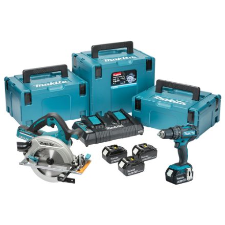 Makita DLX2140PTJ 2pc 18v Combo Kit Includes DHP482 2 Speed Combi Drill & DHS710 Twin 18v/36v Circular Saw C/W 4 x 5.0Ah Li-ion Batteries & Twin Charger In 3 x Makpac Cases PMKCBCD-DLX2140PTJ