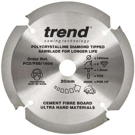 Show details for Trend 160mm x 20mm x 1.87 kerf 4t Fibreboard sawblade PCD EMTTTTR-PCD-FSB-1604