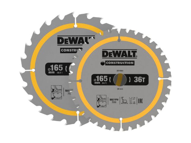 Picture of Dewalt DT90270 Construction Circular Saw Blade 2 pk 165 x 20mm x 24T/36T 