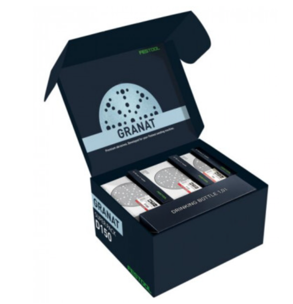 Picture of Festool 578132 Abrasives 'Super Pack' STF D150/48 GR-SP P Includes: Grit P80 x 50pc, P120 x 100pc, P180 x 100pc, 6x P120 Sanding Blocks, 6x P120 Sanding Sponges and 1ltr Festool Drinking Bottle