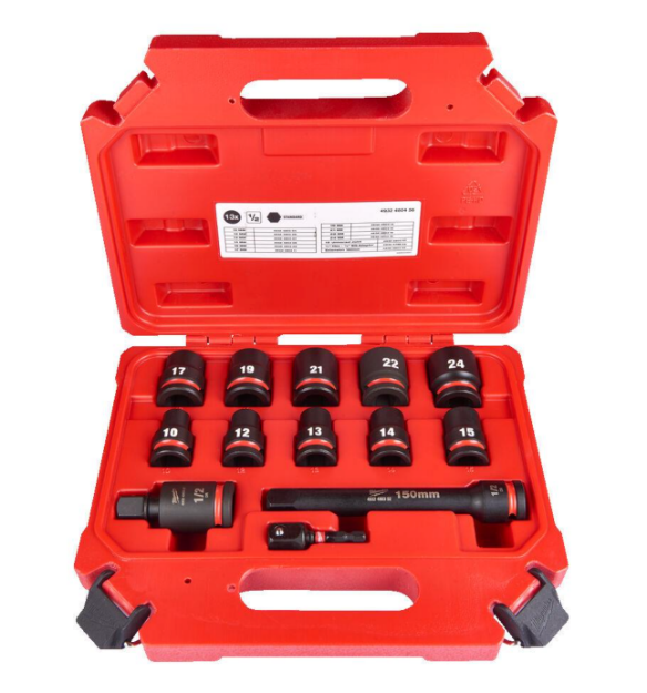 Picture of Milwaukee 13pc Shockwave 1/2 Drive Regular Impact Socket Set Includes:10,12,13,14,15,17,19,21,22,24, 1/2" Knuckle Joint, 1/4" Hex 1/2" Square Adaptor & 150mm Extension Bar In Carry Case