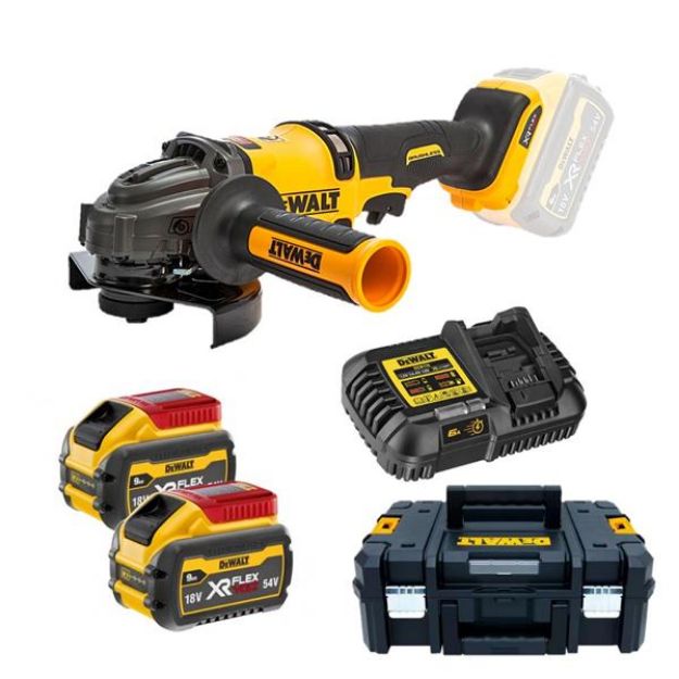 Picture of Dewalt DCG418SHDX2 54V XR Flexvolt 5'' 125mm Side Handle Detect Brushless Angle Grinder 2300w 9000rpm 2.4kg **TWO HANDED OPERATION** C/W 2 x 9.0Ah Li-ion Batteries & Charger In T-stak Box