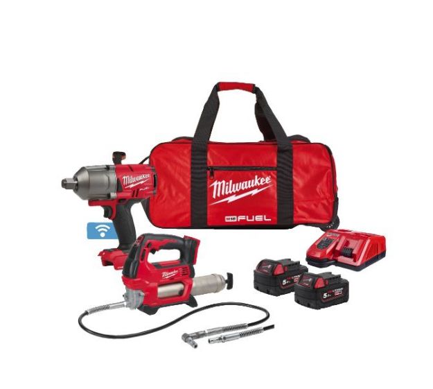 Picture of Milwaukee M18 ONEPP2Q-502B 2pc M18 Combo Kit Includes M18ONEFHIWF34 1627nm 3/4" High Torque Impact Wrench & Grease Gun 400ml C/W 2 x 5.0Ah Li-ion Batteries & Charger In Bag