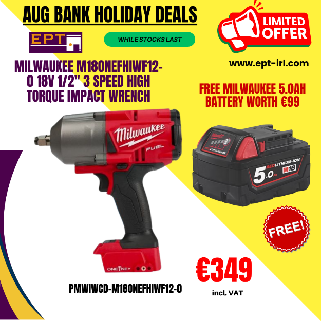Picture of Milwaukee M18ONEFHIWF12-0 18v 1/2'' 3 Speed High Torque Impact Wrench 1356nm Max Bolt M33 3.3kg Bare Unit In Cardboard Box + Milwaukee 5.0Ah Battery worth €99