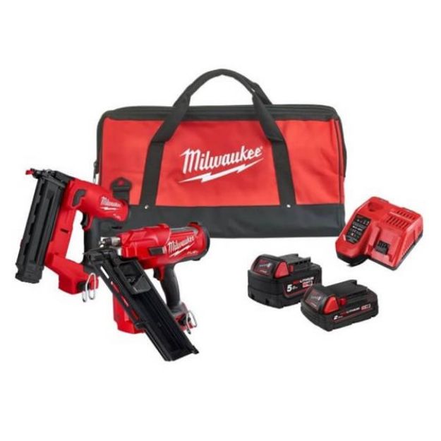Picture of Milwaukee M18FPP2AR-522B M18 2pc Combo Nailer Kit Includes M18FFN 34° Framing Nailer 50-90mm 5.1kg & M18FN16GA 16g Angled Finish Nailer 32-64mm 3.3kg C/W 1 x 5.0Ah & 1 x 2.0Ah Batteries & Charger In Kit Bag 