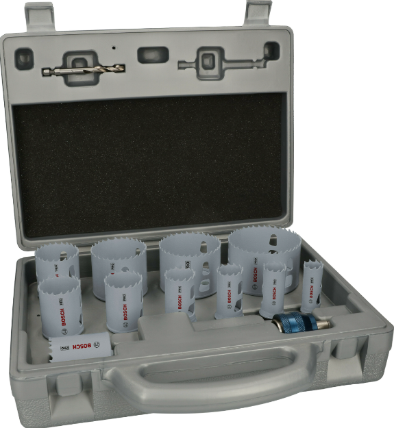 Picture of Bosch 2608594434 14pc PRO Multi Material Holesaw Set Includes 19/22/25/29/35/38/44/51/57/64 & 76mm1x Power Change Adaptor 2 x HSS-G Pilot Drills In Carry Case