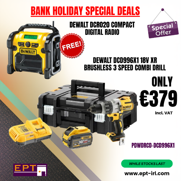Picture of Dewalt DCD996X1 18V XR Brushless 3 Speed Combi Drill 95nm 820w 0-2000rpm C/W 1 x 9.0Ah Flexvolt Battery & Fast Charger In T-stak Box + FREE DEWALT DCR020 COMPACT DIGITAL RADIO