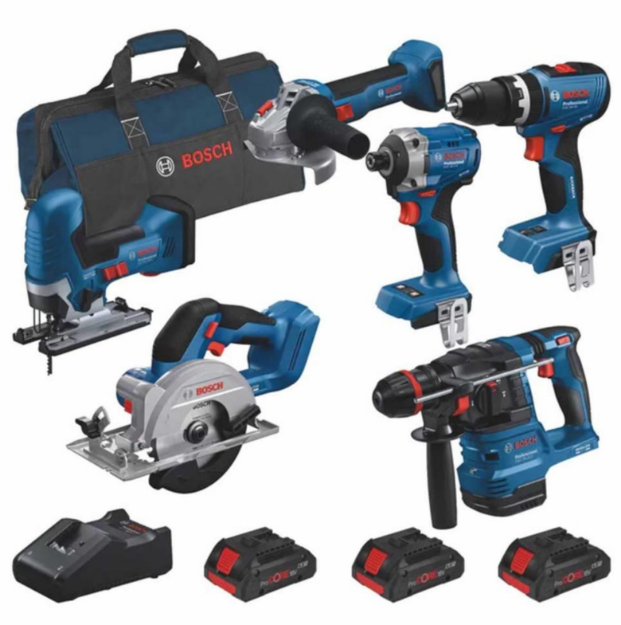 Picture of BOSCH 0615A5008C 18V Li-Ion ProCORE Brushless Cordless 6 Piece Kit, 3 x 4.0Ah Batteries .. inc GSB 18V-65, GDR 18V-215, GWS 18V-8, GBH 18V-22 X, GKS 18V-51, GST 18V-125 S