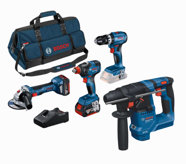 Picture of Bosch 4pc 18V Brushless Combo Kit Includes GSB18V-65 Combi Drill GDX18V-285 Impact Wrench/Driver GWS18V-8 Angle Grinder GBH18V-18X SDS Drill C/W 2 x 4.0Ah Li-ion Batteries 1 x 5.0Ah Li-ion Battery & Charger In Kitbag